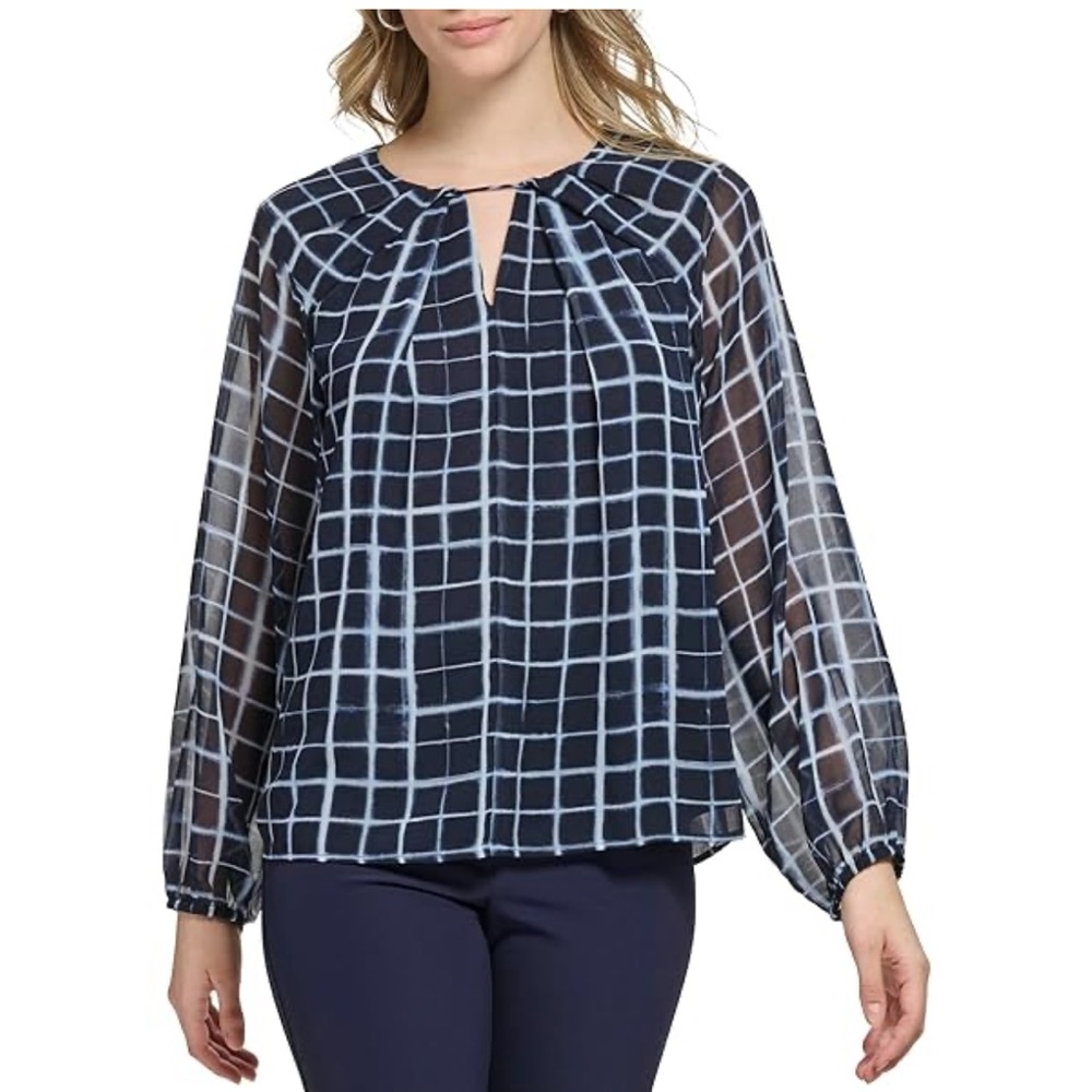 Calvin Klein Womens Blue Windowpane Plaid Long Sleeve Blouse Size M Career Work